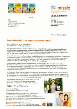 Dankesbrief und Urkunde Missio 2021